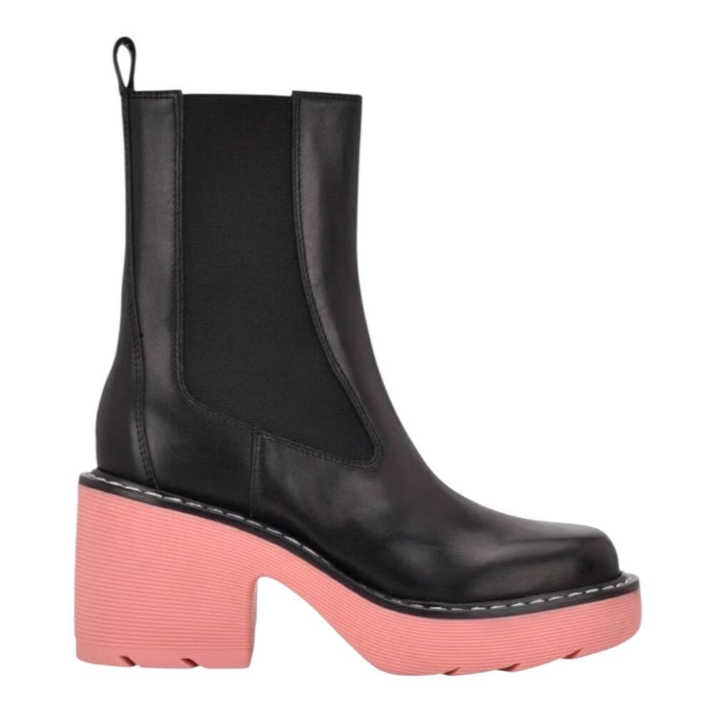 Marc Fisher- BLACK CHUNKY FREDY LUG SOLE BOOTIE- pink bottoms- Size 7 M - Picture 2 of 13